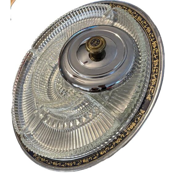 Kromex Chrome Glass Divided Lazy Susan Appetizer Relish Ornate Tray - Picture 4 of 8